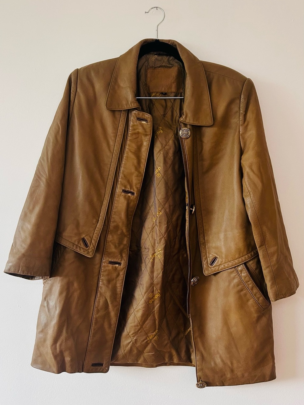 DENNY Vintage Italian Lambskin Leather Jacket Trench Coat Camel Brown size M